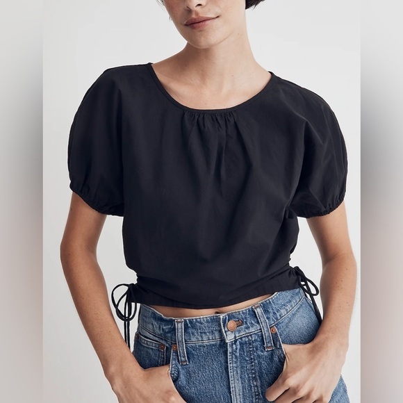 Madewell Embroidered Poplin Puff-Sleeve Cutout Crop Top in True Black - Picture 1 of 12